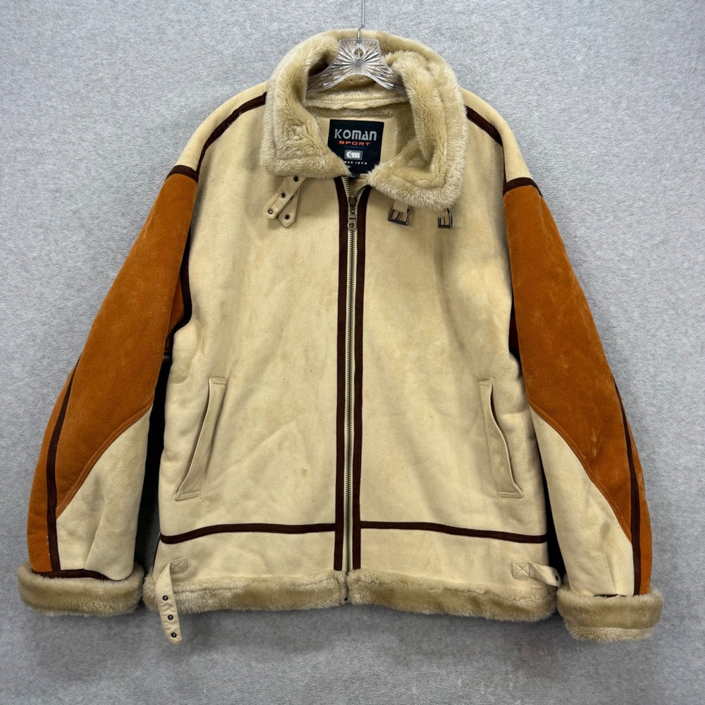 Koman Sport Flight Jacket Mens XL Tan Faux Shearling Bomber Buckle Collar Zip